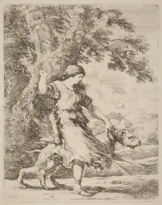 Nymph Holding a Large Dog by a Collar, by Stefano Della Bella, ink, 1637