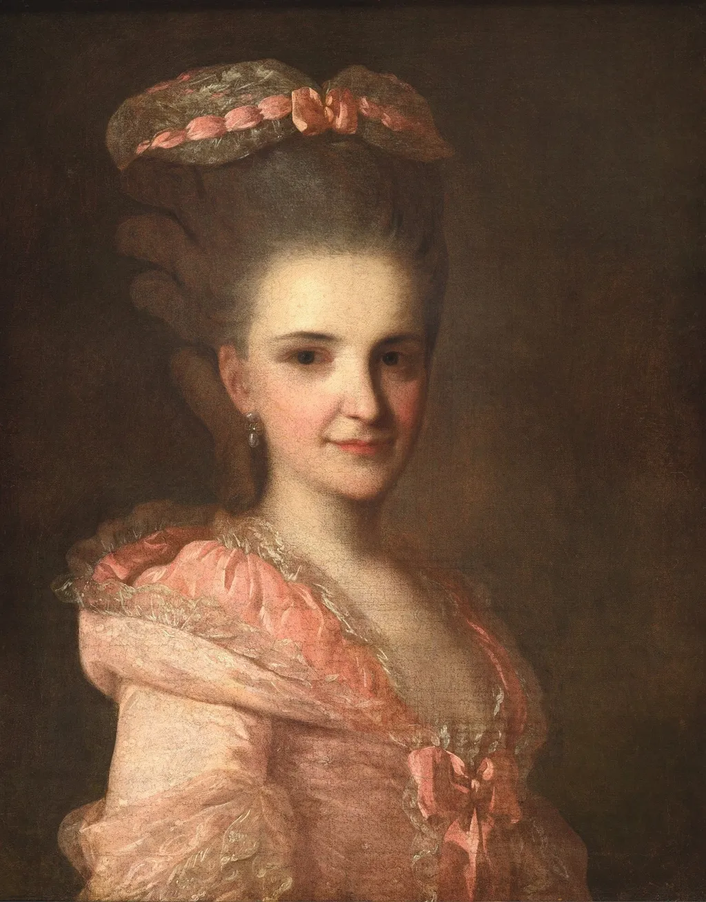Portrait of an unknown Lady in a pink dress, by Fyodor Rokotov, oil, 1770