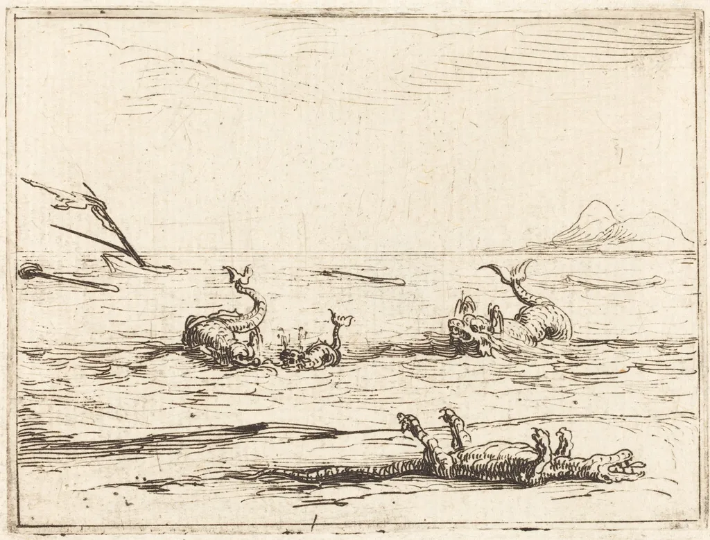 Dolphins and Crocodile, by Jacques Callot, ink, 1628