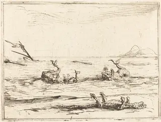 Dolphins and Crocodile, by Jacques Callot, ink, 1628