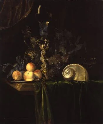 Still life with luxury vessels and fruits on a dark table cloth, detail