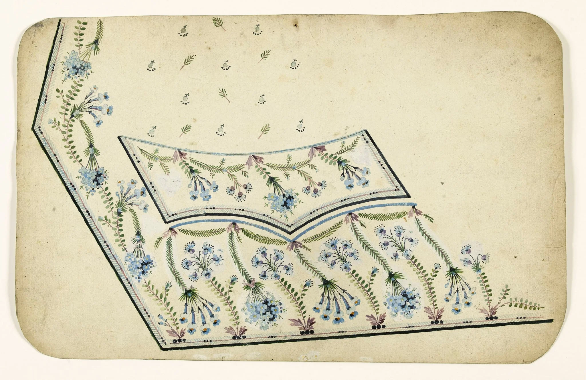 Composition en guirlandes de feuilles et de fleurs bleues, projets de broderies de gilet, XVIIIème siècle, detail