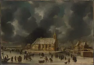 Skating at Sloten, near Amsterdam, by Jan Abrahamsz Beerstraaten, oil, 1654