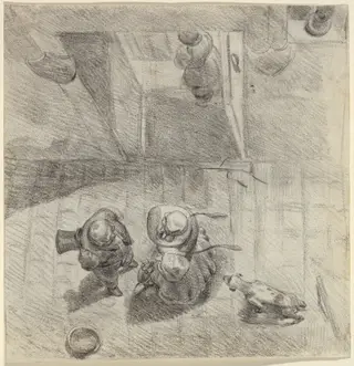 Bird's Eye View of a Man and Woman Conversing, by Jean-Ignace-Isidore Grandville, graphite, 1830