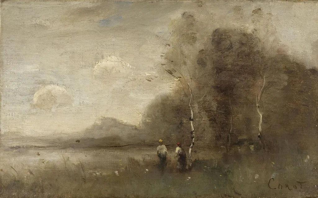 Landscape with Two Figures, by Jean Baptiste Camille Corot, oil, 1845