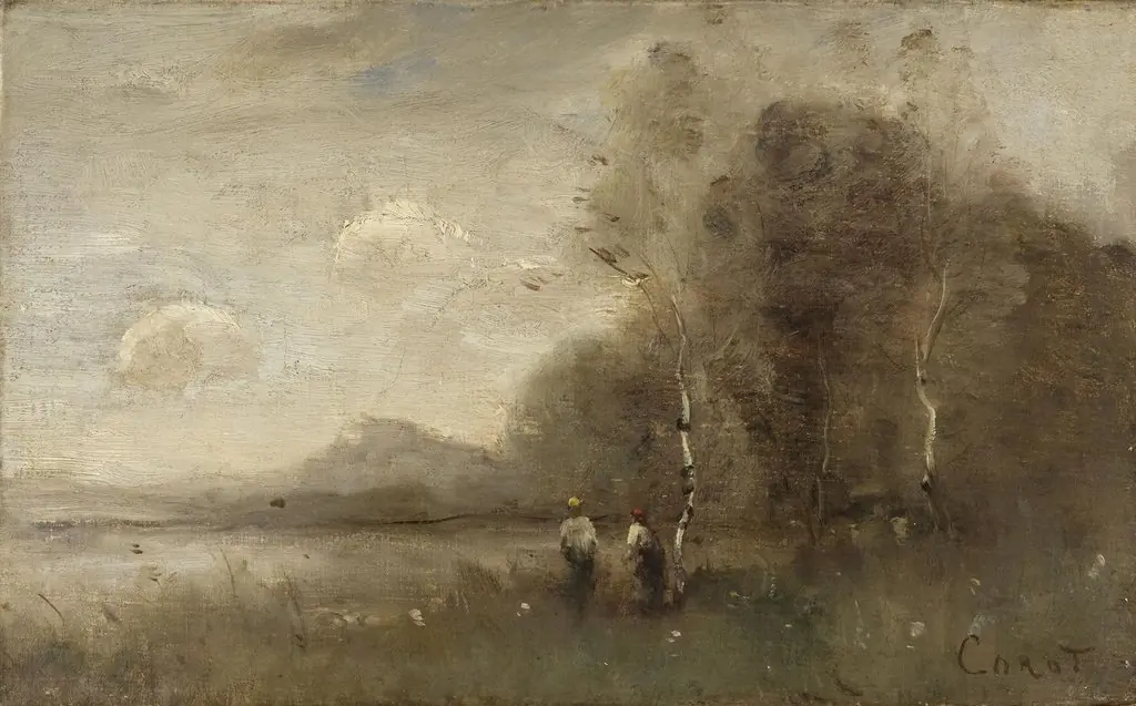 Landscape with Two Figures, by Jean Baptiste Camille Corot, oil, 1845