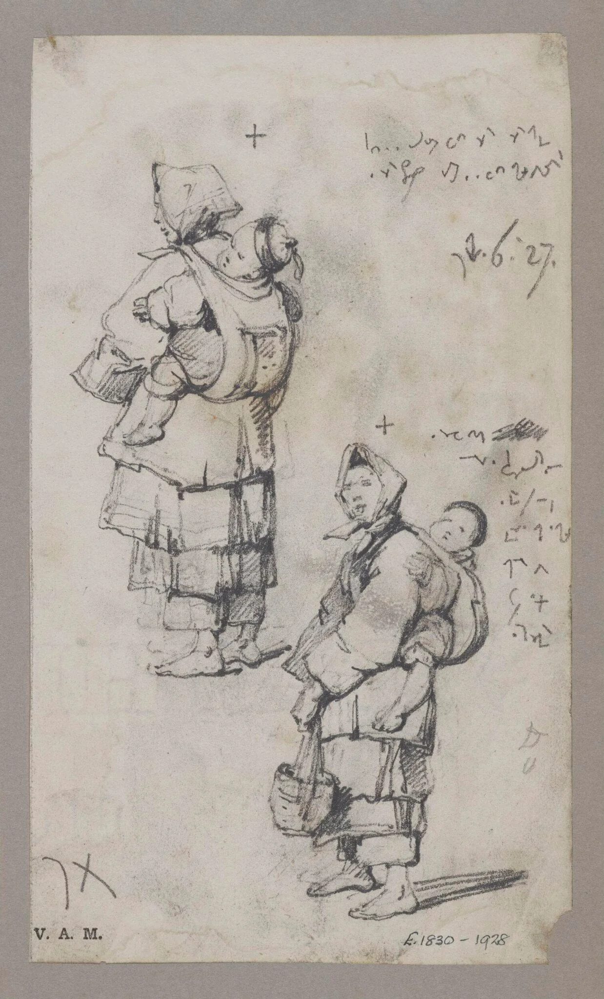 Two drawings of a boatwoman with a child on her back, detail