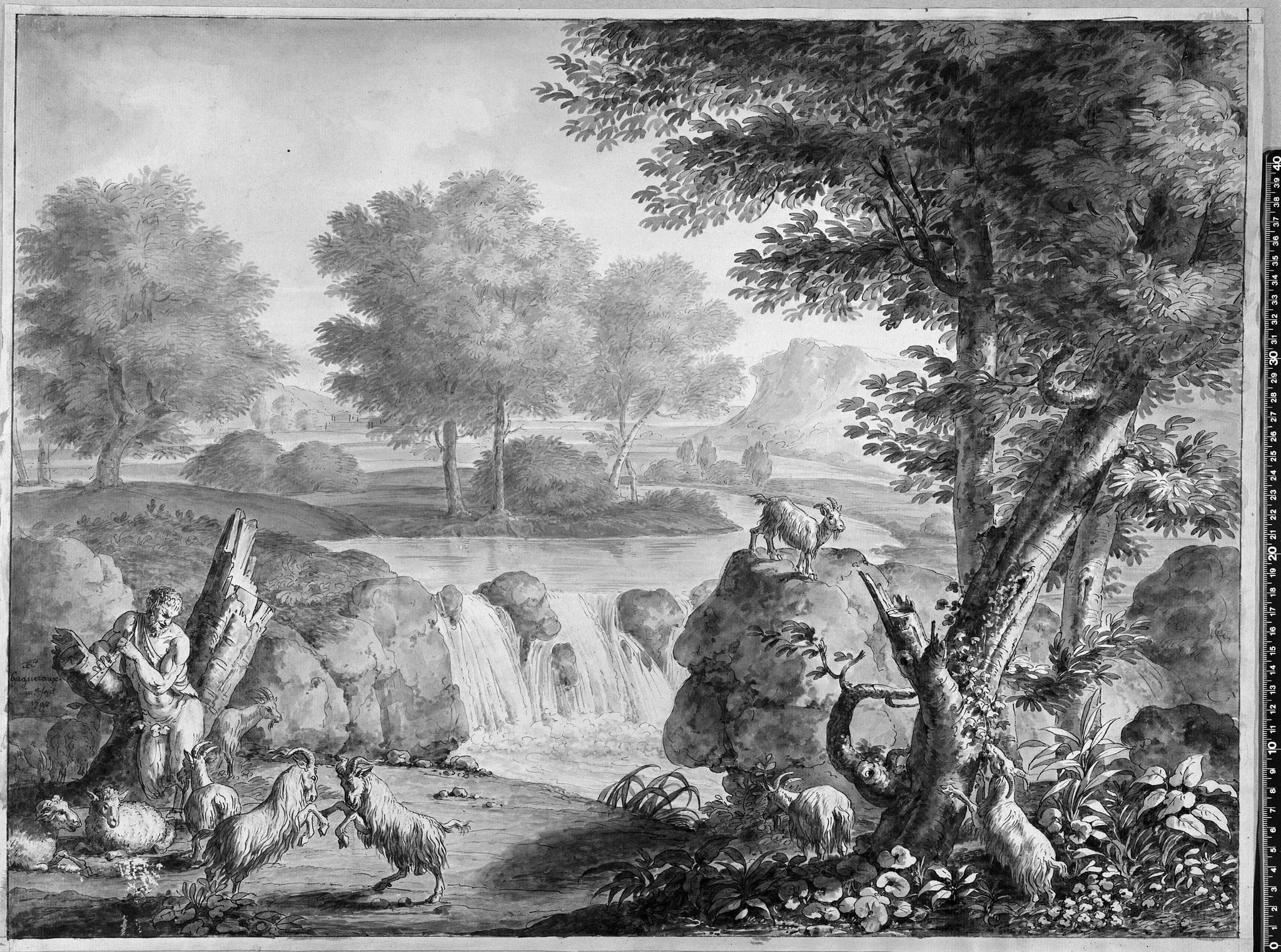 Heroisk landskab med fløjtespillende Pan og dansende bukke, detail
