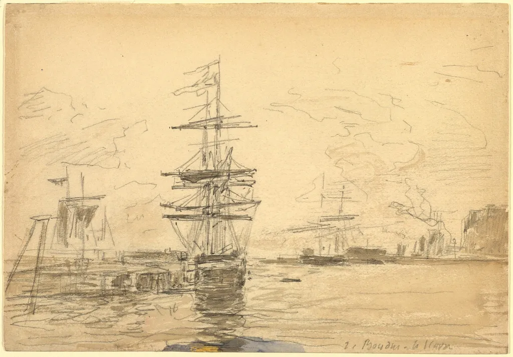 Ships in Harbor, by Eugène Boudin, graphite, 1875