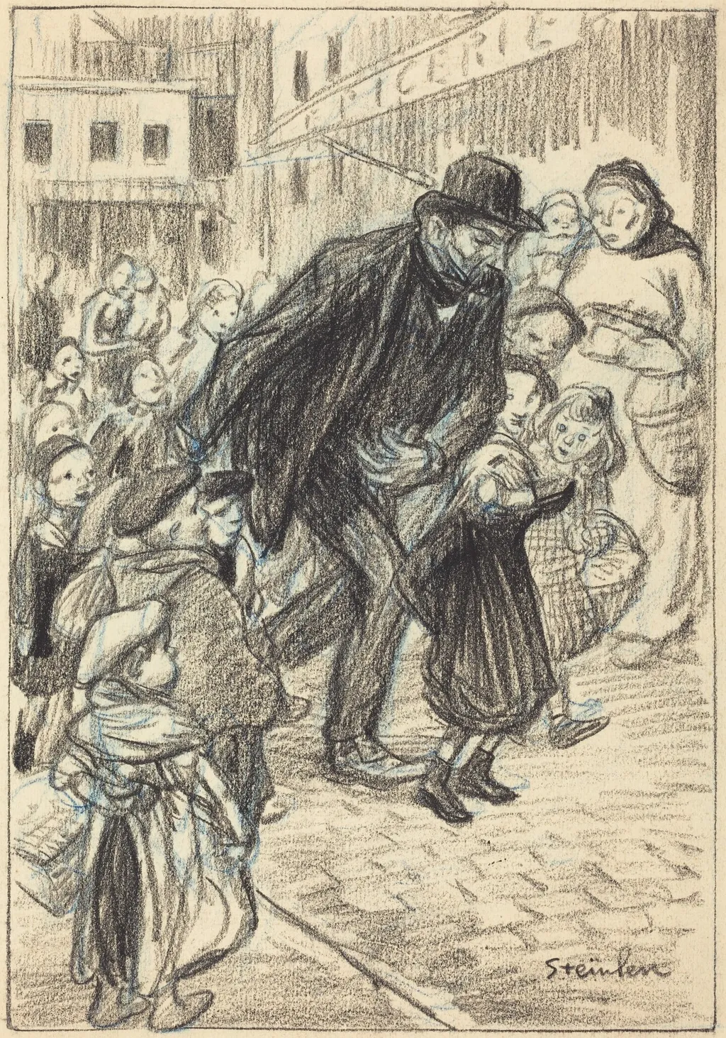 A Man on a City Street, Surrounded by Children (Un Père), by Théophile Alexandre Steinlen, crayon, 1891