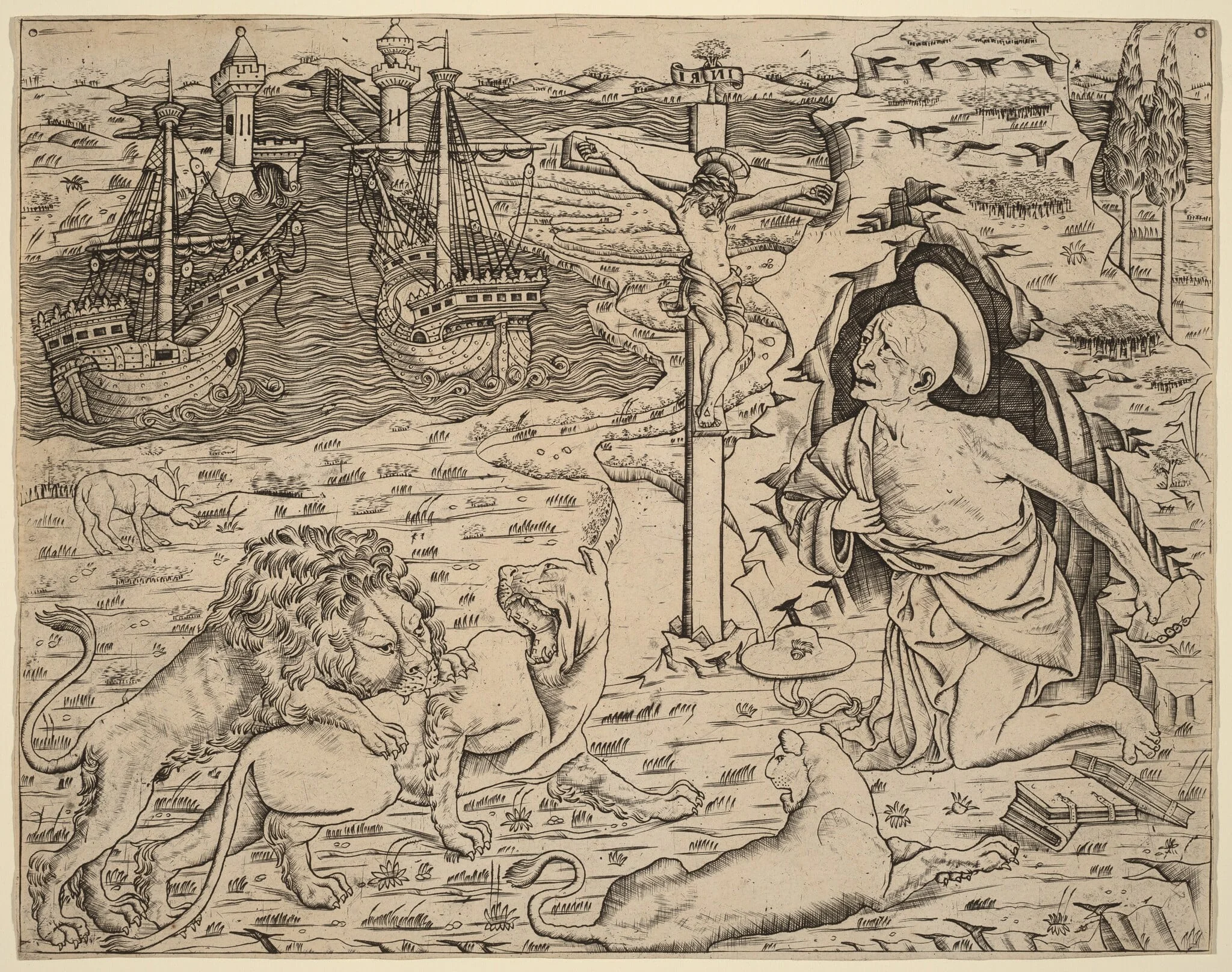 Saint Jerome in Penitence, with Two Ships in a Harbor, detail