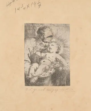 Saint Joseph in Half-Length, Holding the Christ Child, by Bartolomeo Biscaino, ink, 1654