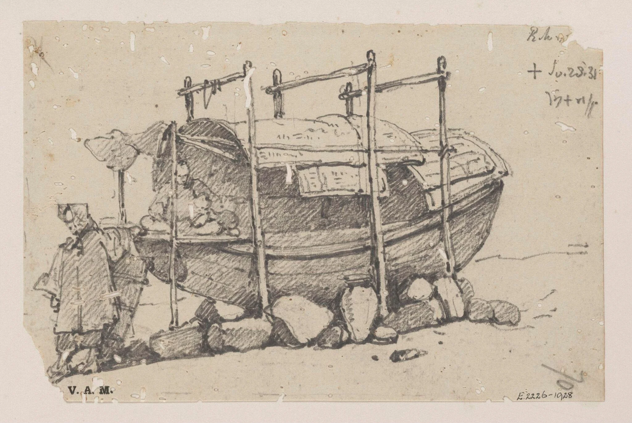 Figures by a beached Tanka boat, detail