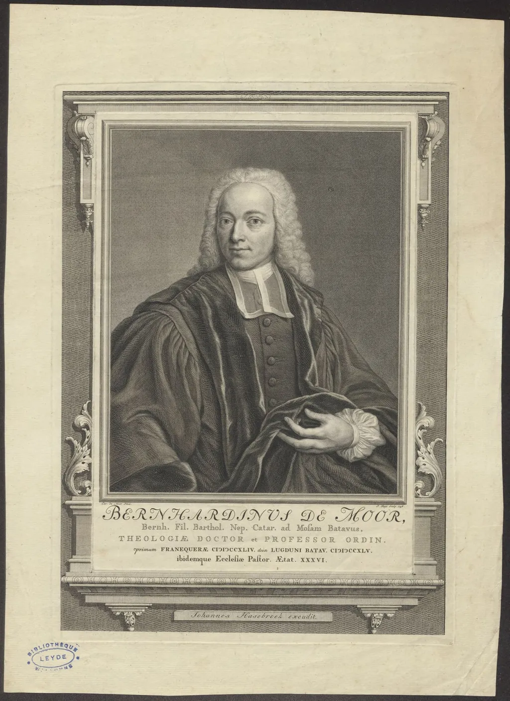 Portrait of Bernardinus de Moor, professor of theology, by Tanjé Pieter, unspecified, 1748