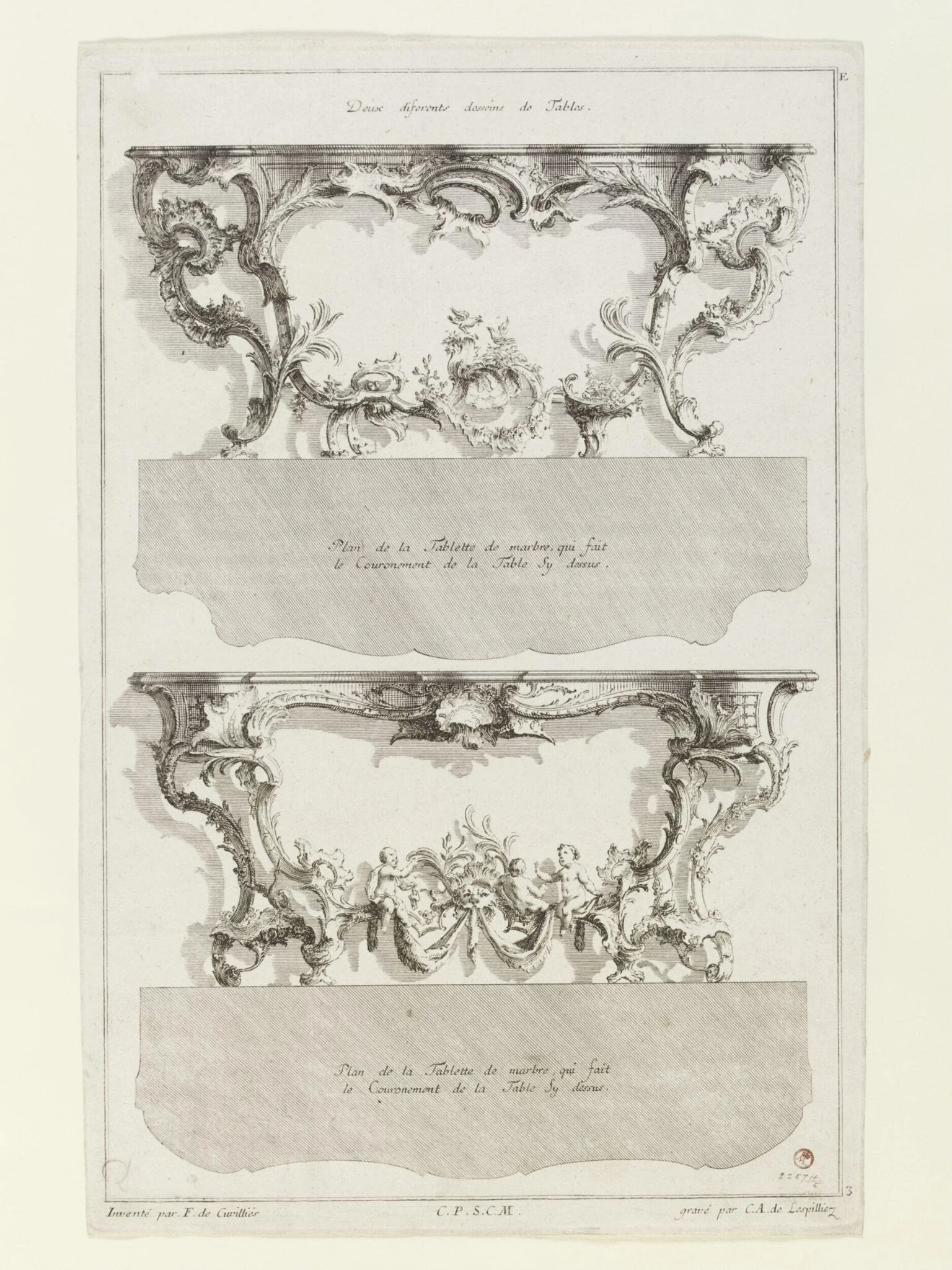 Ornament print showing a pair of console tables, detail