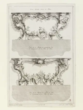 Ornament print showing a pair of console tables, by Jean Francois de Cuvilliés, 1750