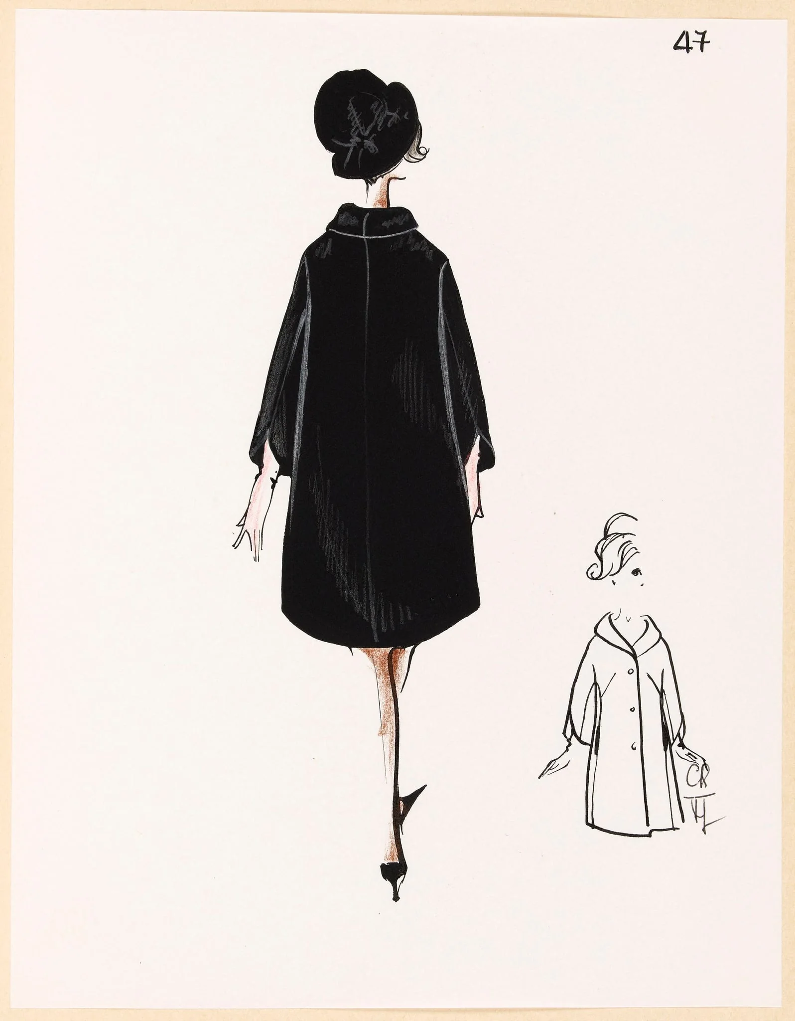 Manteau noir et chapeau assorti, detail