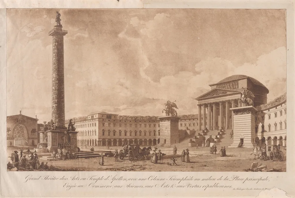 Grand Théâtre des Arts ou Temple d'Apollon, avec une Colonne Triomphâle au milieu de la Place principale, erigée au Commerce, aux Sciences, aux Arts & aux Vertus républicaines (Grand Theater of the Arts or Temple of Apollo, with a Victory Column in the Middle of the Main Square, Erected to Commerce, the Sciences, the Arts, and Republican Virtues), by François Joseph Bélanger, ink, 1795