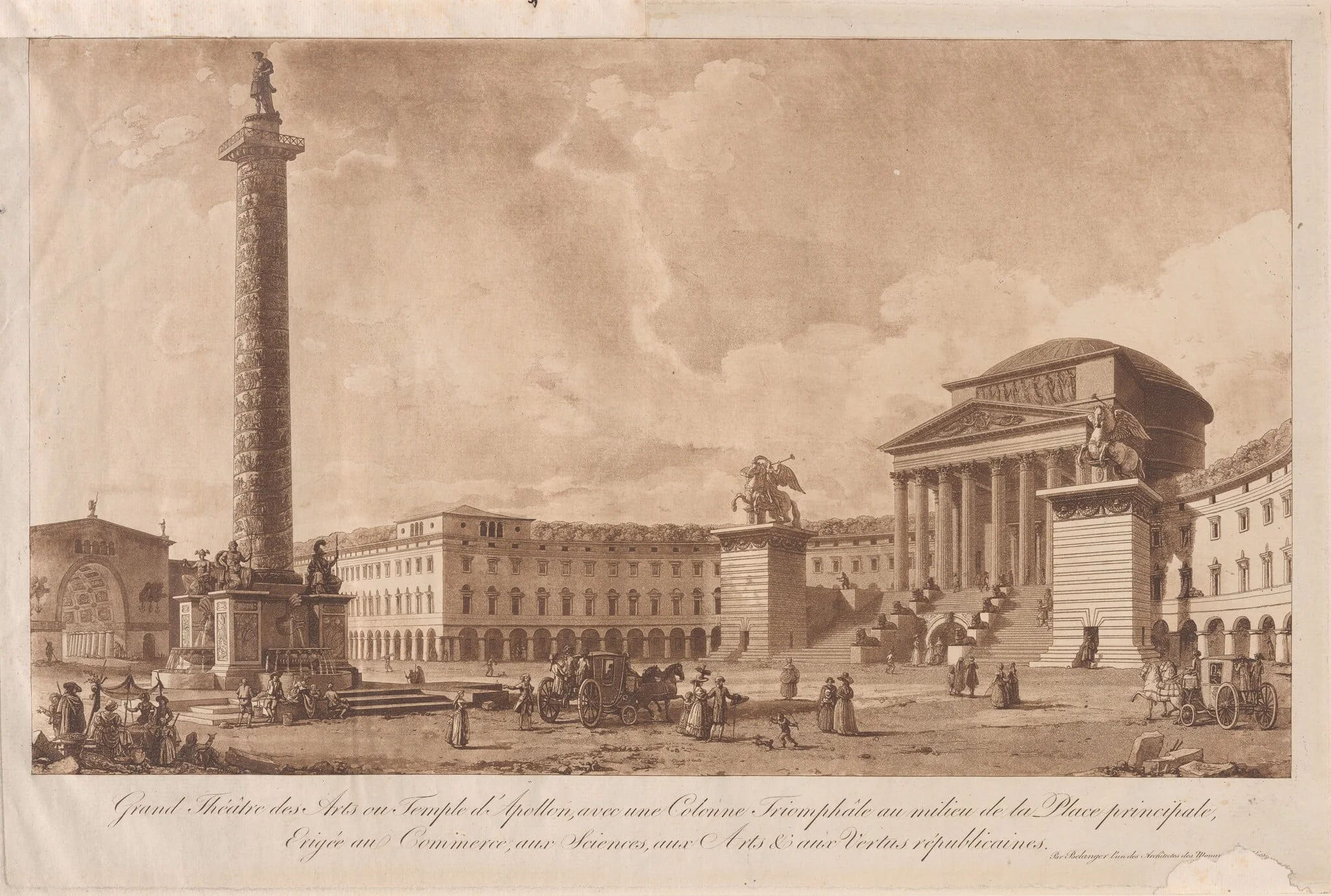 Grand Théâtre des Arts ou Temple d'Apollon, avec une Colonne Triomphâle au milieu de la Place principale, erigée au Commerce, aux Sciences, aux Arts & aux Vertus républicaines (Grand Theater of the Arts or Temple of Apollo, with a Victory Column in the Middle of the Main Square, Erected to Commerce, the Sciences, the Arts, and Republican Virtues), detail
