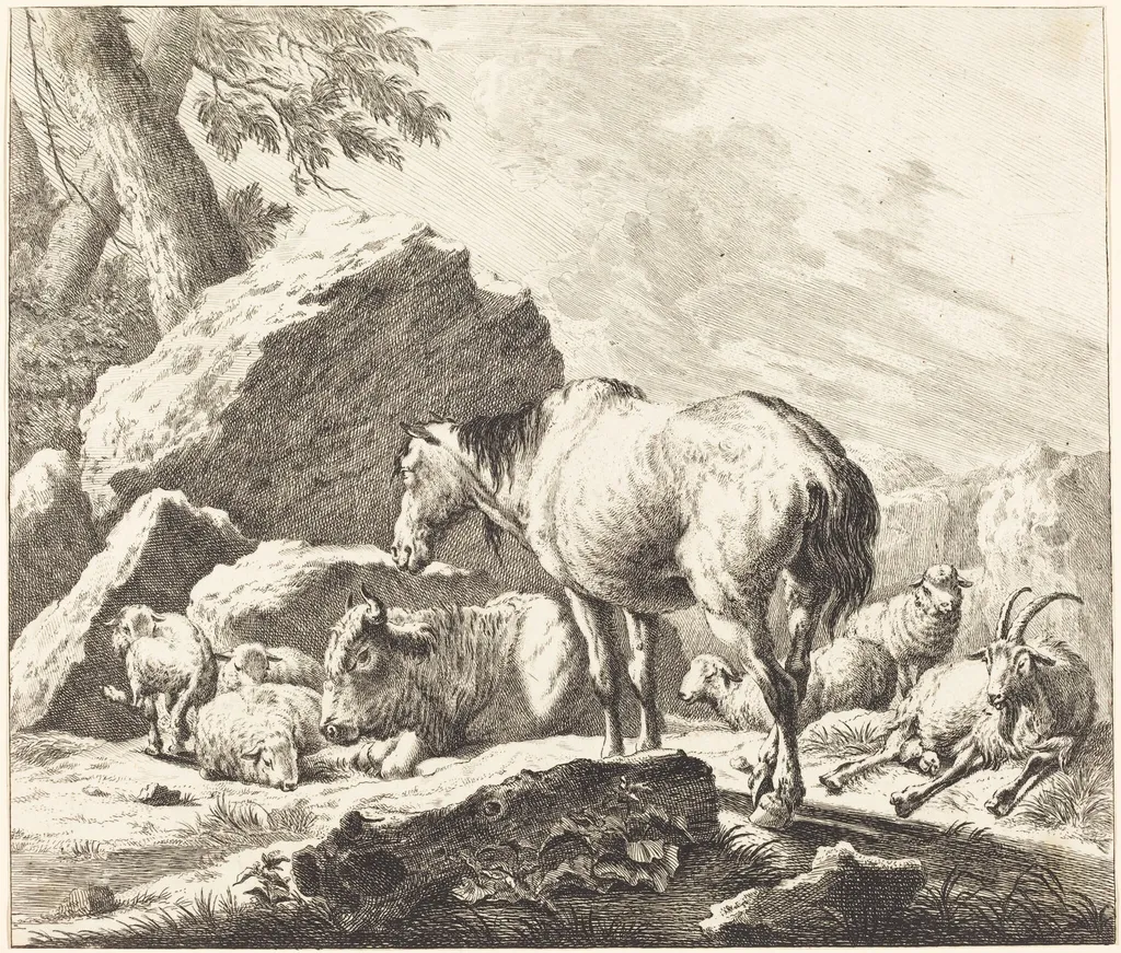 A Horse, Buffalo, Sheep, and Goat in an Italian Landscape, by Johann Elias Ridinger, ink, 1748