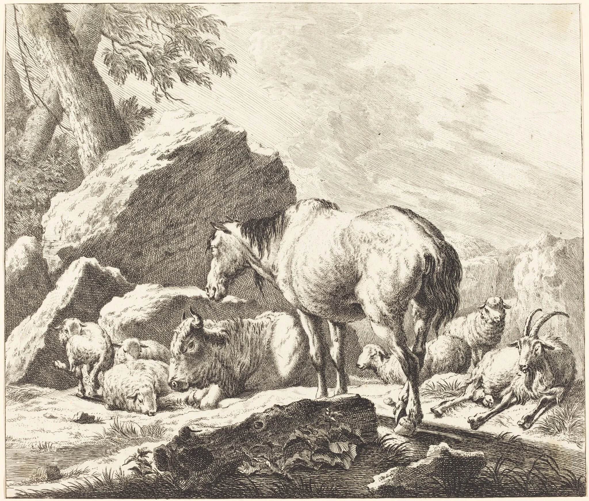 A Horse, Buffalo, Sheep, and Goat in an Italian Landscape, detail