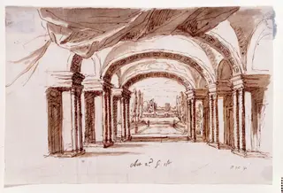 Drawing, Design for a stage set for Arsinoe, Queen of Cyprus at the Theatre Royal, London  for Act II, scene 1, a great hall looking into a garden, by James Thornhill, 1705