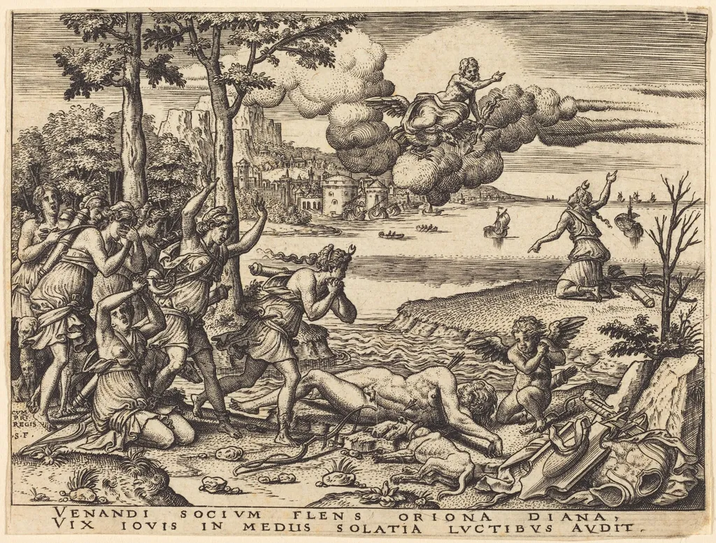 Diana Mourning the Death of Orion, by Etienne Delaune, ink, 1551