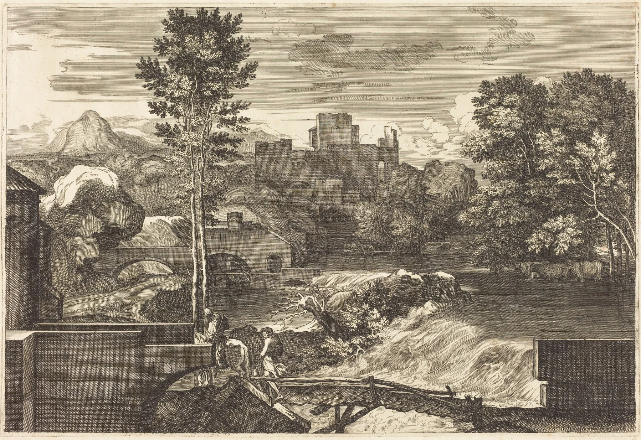 Landscape with Two Figures on a Bridge, detail