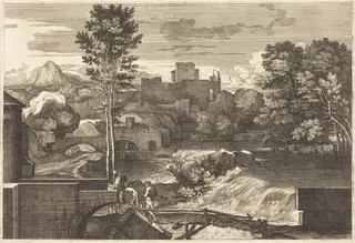 Landscape with Two Figures on a Bridge, by Sébastien Bourdon, ink, 1644