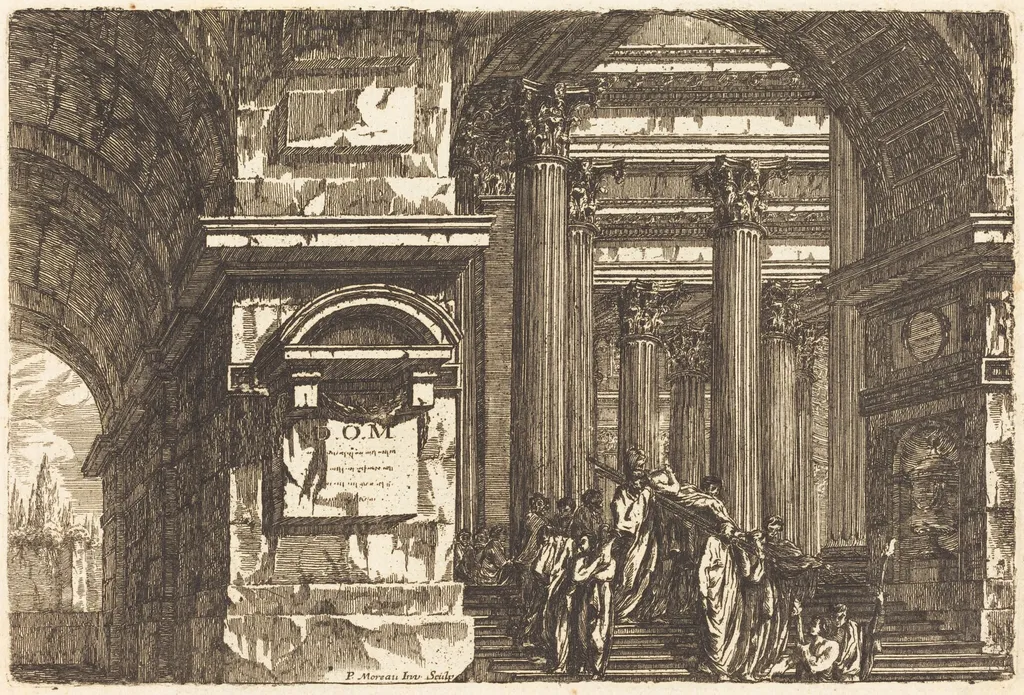 The Entrance of a Temple, by Pierre Moreau, ink, 1722
