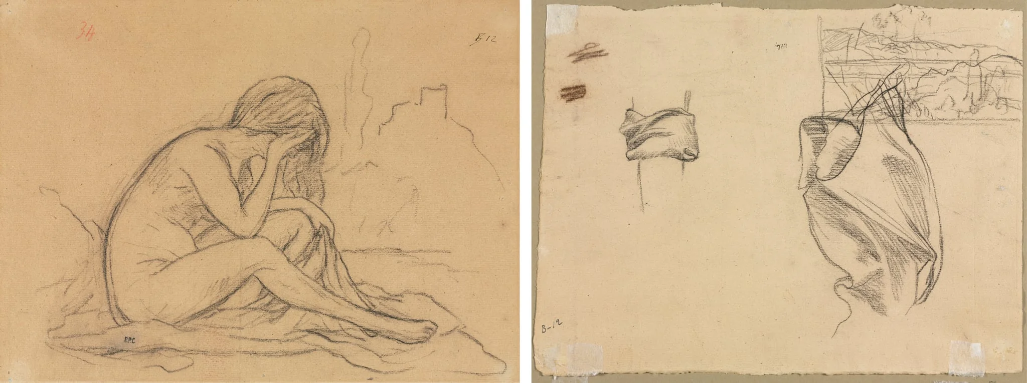 Study of a Female Nude (possibly for an unrealized allegorical painting) (recto); Studies of Drapery and Study of a Landscape (verso), detail