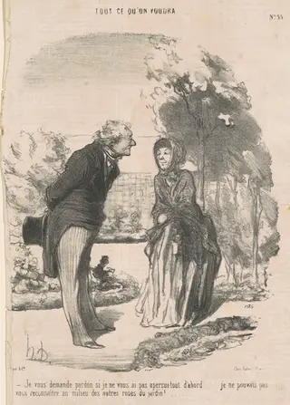 Je vous demande pardo si je ne vous ai pas apercue ..., by Honoré Daumier, ink, 1850