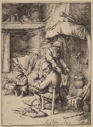 Peasant Family in an Interior wtih the Father Feeding a Child, by Adriaen van Ostade, ink, 1648