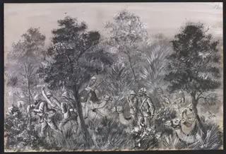 Attack on Convoy of Wounded under Col. Talbot.  Feb. 1885., by William S. Perry, watercolor, 1885
