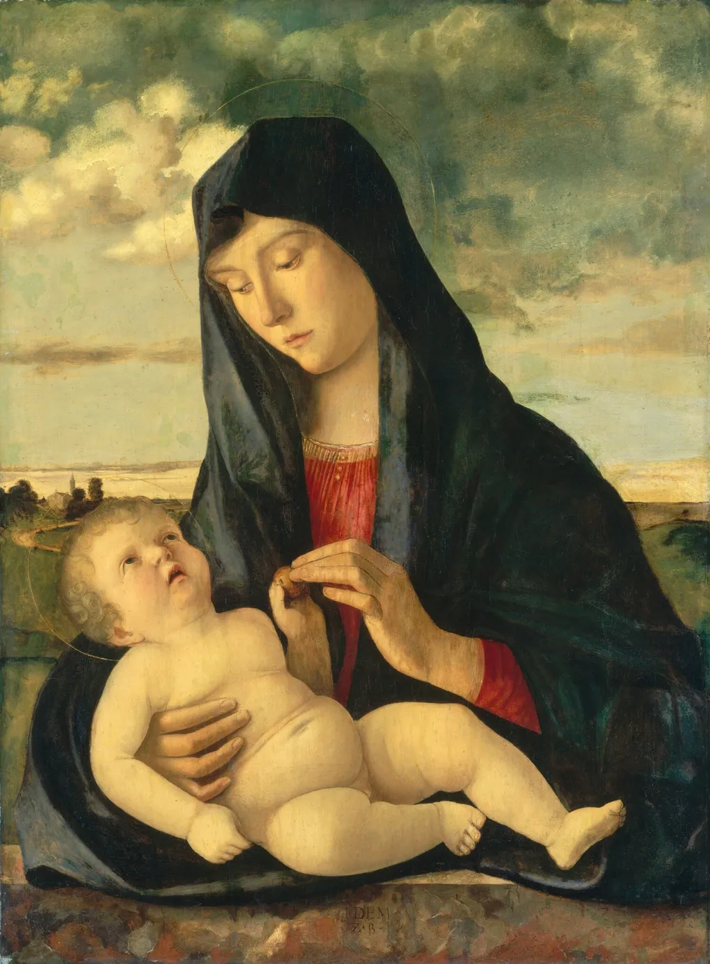 Madonna and Child in a Landscape, by Giovanni Bellini, oil, 1482