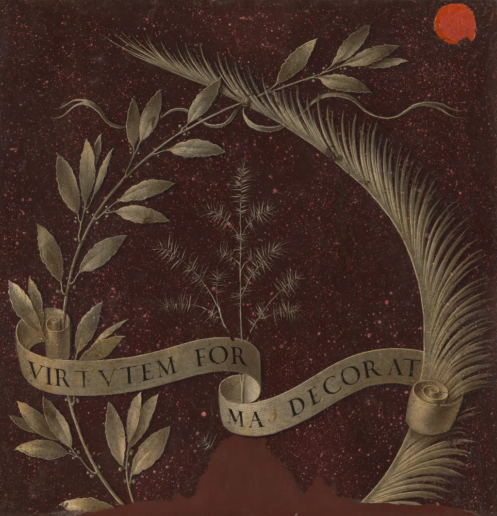 Wreath of Laurel, Palm, and Juniper with a Scroll inscribed Virtutem Forma Decorat [reverse], by Leonardo da Vinci, oil, 1476