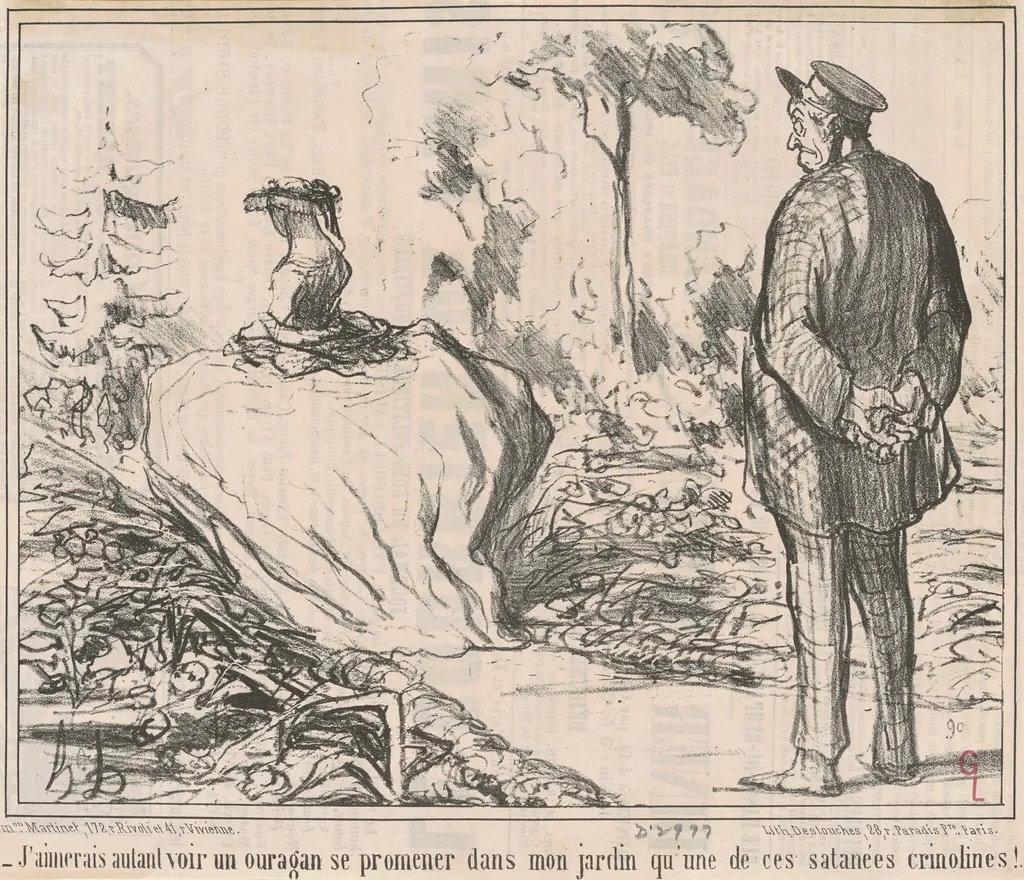 J'aimerais autant voir un ouragan se promener dans mon jardin qu'une de ces satanées crinolines!, by Honoré Daumier, ink, 9
