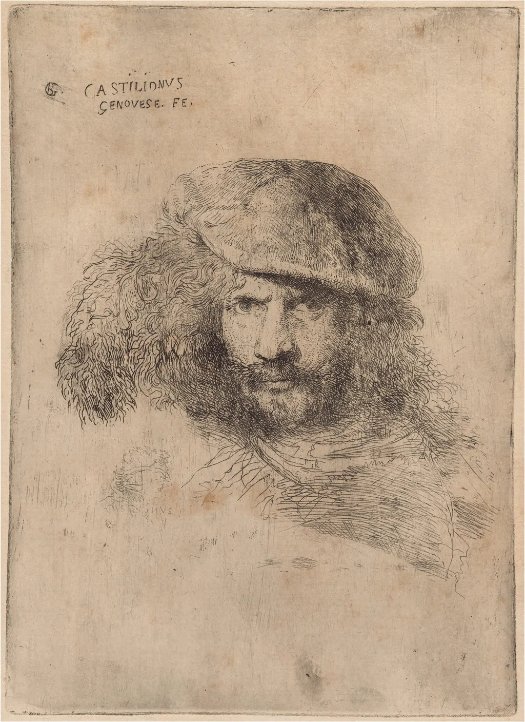 Self-Portrait(?), Wearing a Plumed Cap ["Portrait of Bernini"], by Giovanni Benedetto Castiglione, ink, 1646