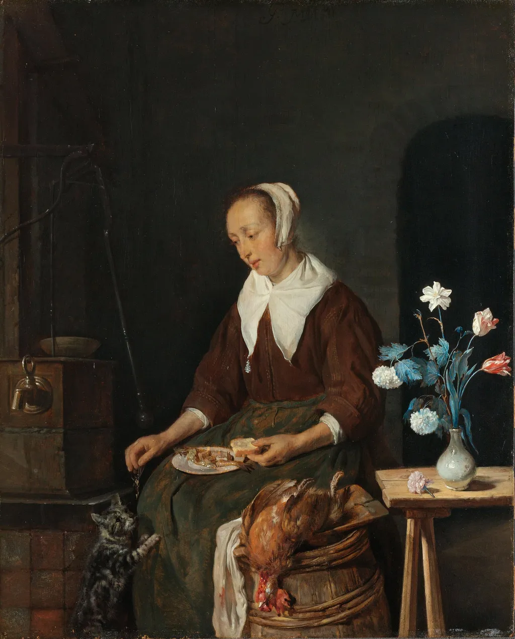 Vrouw aan de maaltijd, bekend als ‘Het ontbijt van de kat’, by Gabriel Metsu, unspecified, 1661