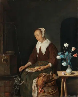 Vrouw aan de maaltijd, bekend als ‘Het ontbijt van de kat’, by Gabriel Metsu, unspecified, 1661