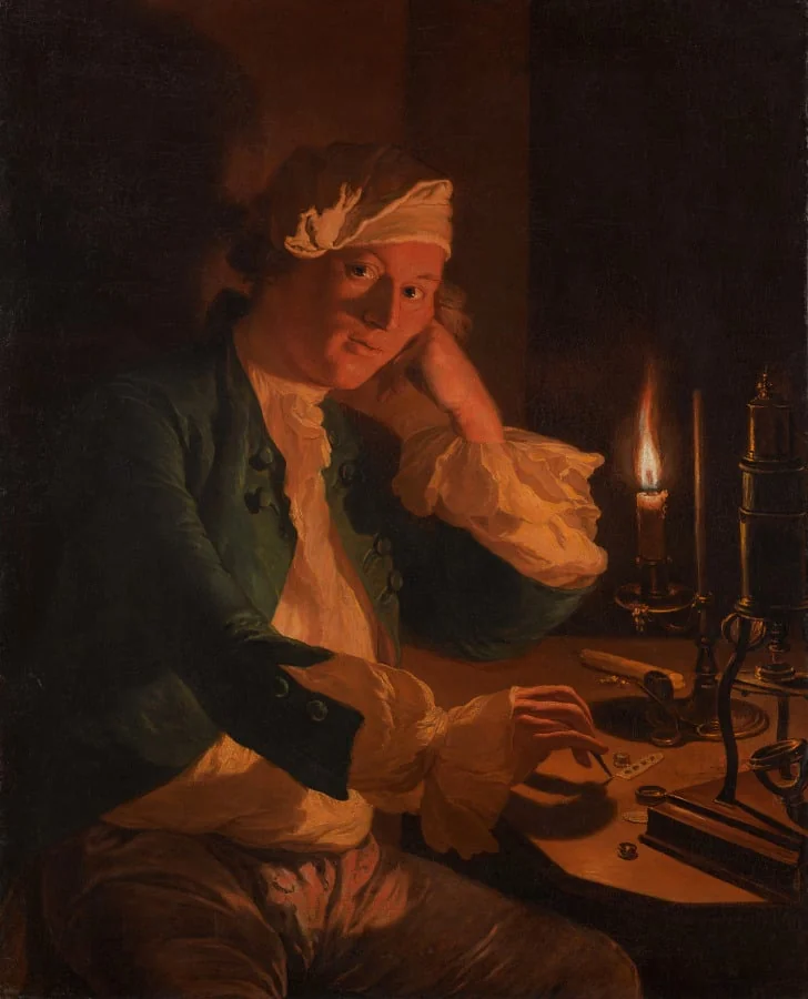 A Scientist Seated at a Desk by Candlelight, detail