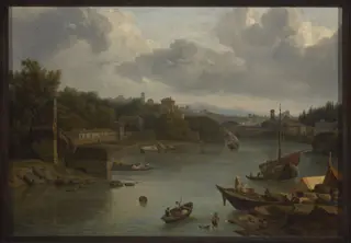 View of the Tiber from the south – Ripa Grande, by Isaac de Moucheron, oil, 1698