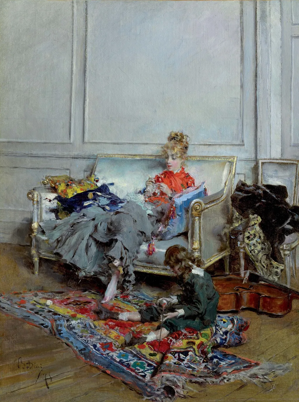 Young woman crocheting, by Giovanni Boldini, oil, 1875