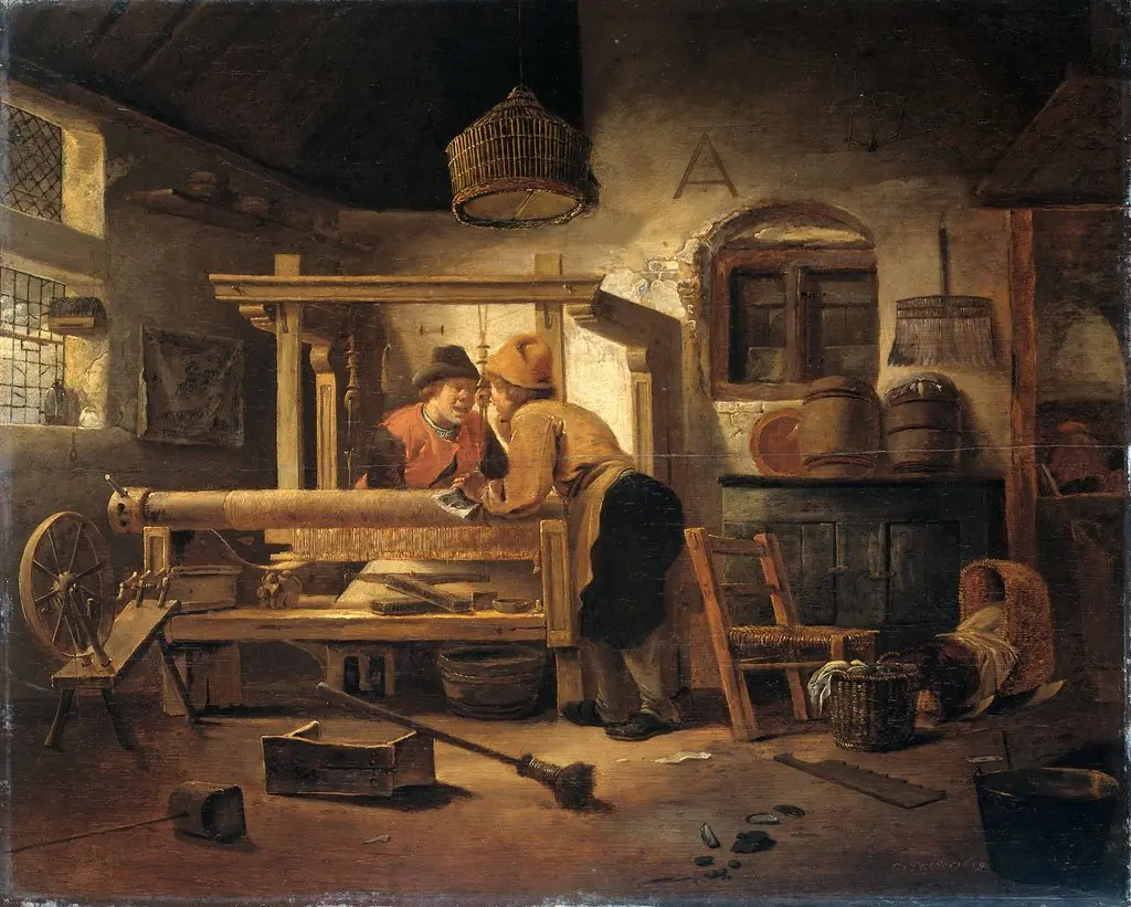 Interior of Weaver's Workshop, by Cornelis Gerritsz Decker, oil, 1659