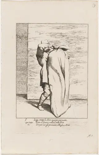 Bertoldo Placing the Jailer in the Sack, by Giuseppe Maria Crespi, ink, 1712