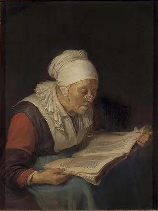 Old Woman Reading a Book, by Gerrit Dou, oil, 1665