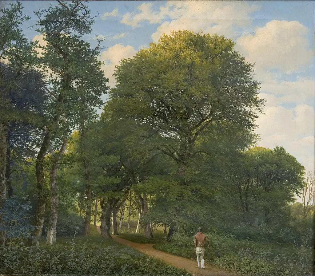 Et skovparti i Charlottenlund. Aften, by Heinrich Buntzen, oil, 1831