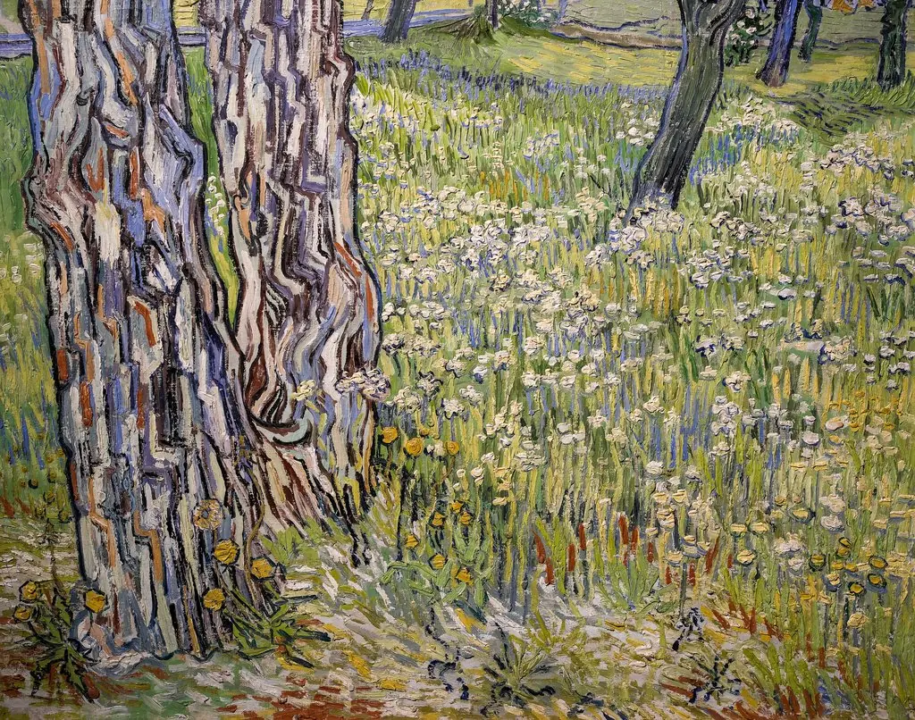 Flowering meadow with trees and dandelions, by Vincent van Gogh, oil, 1890