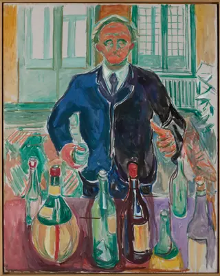 Self-Portrait with Bottles, by Edvard Munch, oil, 1938