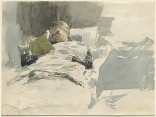 The Artist's Wife Reading in Bed, by Leopold von Kalckreuth, graphite, 1888